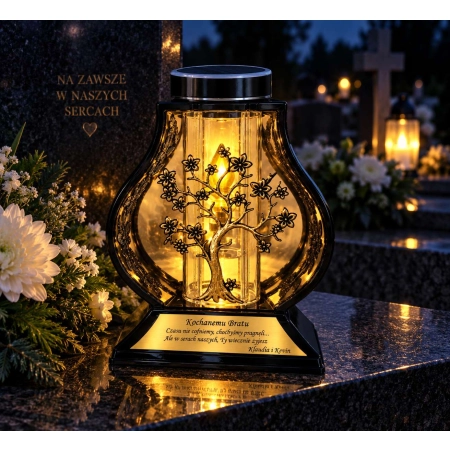 Personalizowany lampion nagrobny DRZEWO – znicz solarny po zmroku