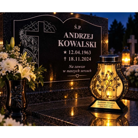 Znicz solarny DRZEWO złoty na grób – personalizowany grawer LED