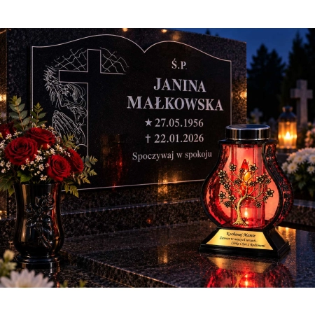 Personalizowany znicz solarny DRZEWO – złote drzewko i dedykacja nocą