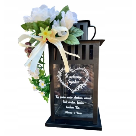 LAMPION METALOWY róże kremowe + GRAWER DZIEŃ MAMY