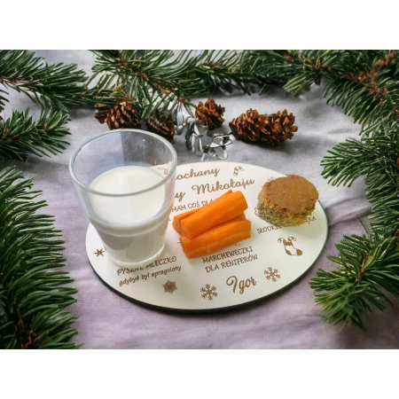 Drewniany Talerzyk dla MIKOŁAJA Tacka Ozdobna na Mleko Grawer imion 23cm