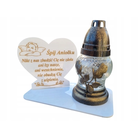 biały znicz dla dziecka, podstawka na znicz + DOWOLNY NAPIS + ZNICZ SZKLANY